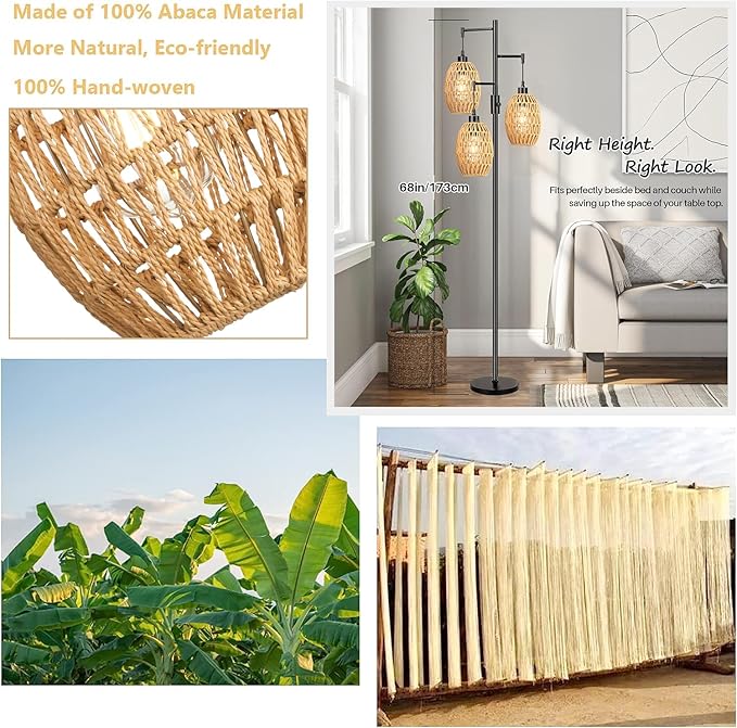 Boho Floor Lamps for Living Room Bedroom Rattan Floor Lamp With Three Wicker Woven Lampshades,Dimmable Rustic Floor Lamp Black Standing Lamp 68" Farmhouse Tall Three Floor Lamp For Bedroom Corner - LeafyLoom