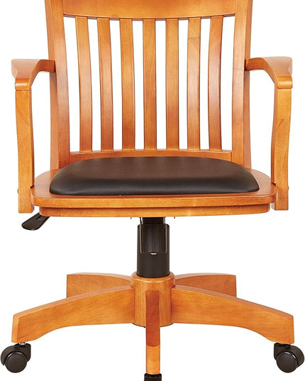 OSP Home Furnishings Deluxe Wood Banker's Desk Chair with Padded Seat, Adjustable Height and Locking Tilt, Fruitwood Finish and Black Vinyl - LeafyLoom
