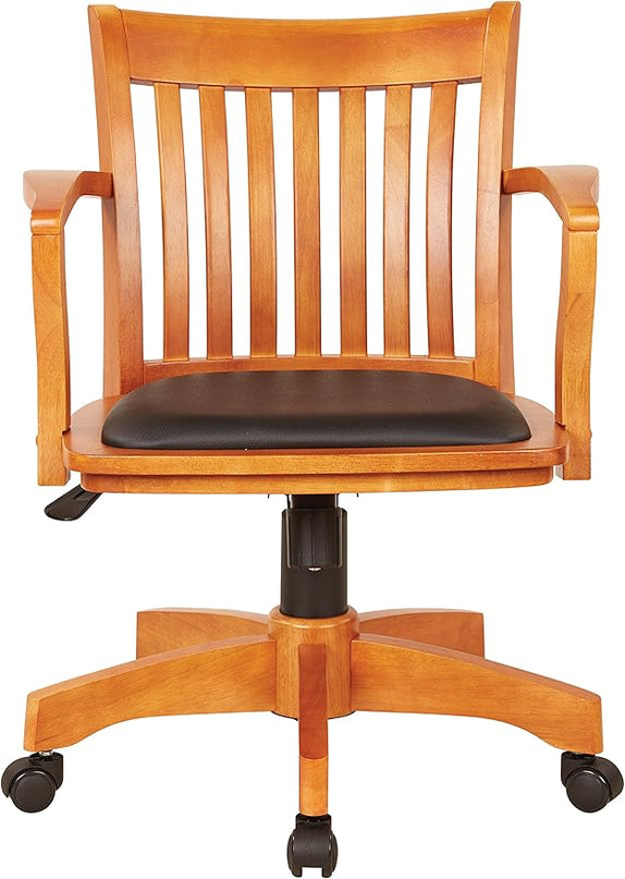 OSP Home Furnishings Deluxe Wood Banker's Desk Chair with Padded Seat, Adjustable Height and Locking Tilt, Fruitwood Finish and Black Vinyl - LeafyLoom