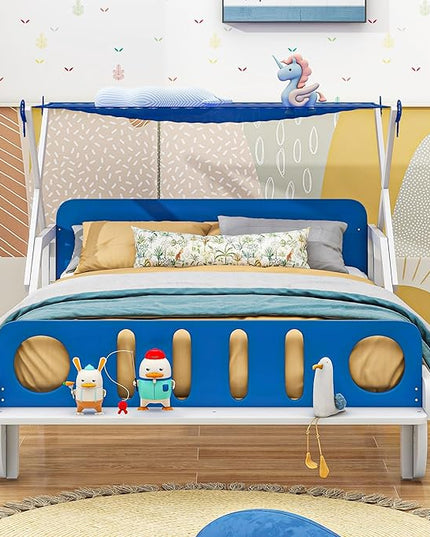 Wood Twin Size Car Bed with Ceiling Cloth, Headboard and Footboard, Car-Shaped Platform Bed W/Storage Shelves,Kids Twin-Bed-Frame for Boys,Girls,White+Blue - LeafyLoom