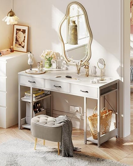 AODK 48 Inch Computer Desk with Fabric Drawers & Power Outlets, Office Desk with Storage Shelves & CPU Stand, Writing Study Table, Small Desk for Bedroom, White - LeafyLoom