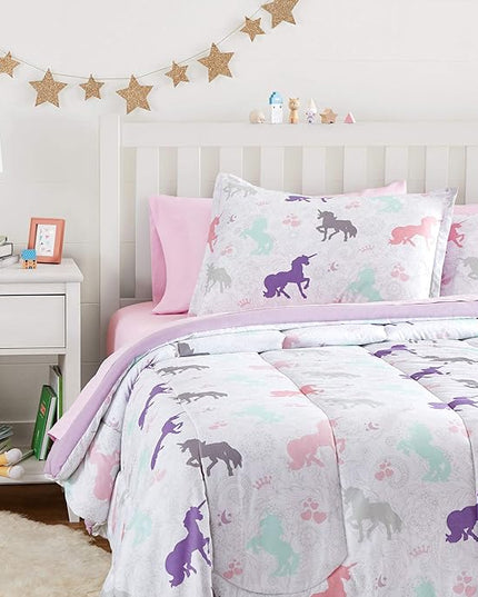 Amazon Basics Kid's Easy Care Microfiber Bed-in-a-Bag 7-Piece Bedding Set, Full/Queen, Purple Unicorns, Solid & Printed - LeafyLoom