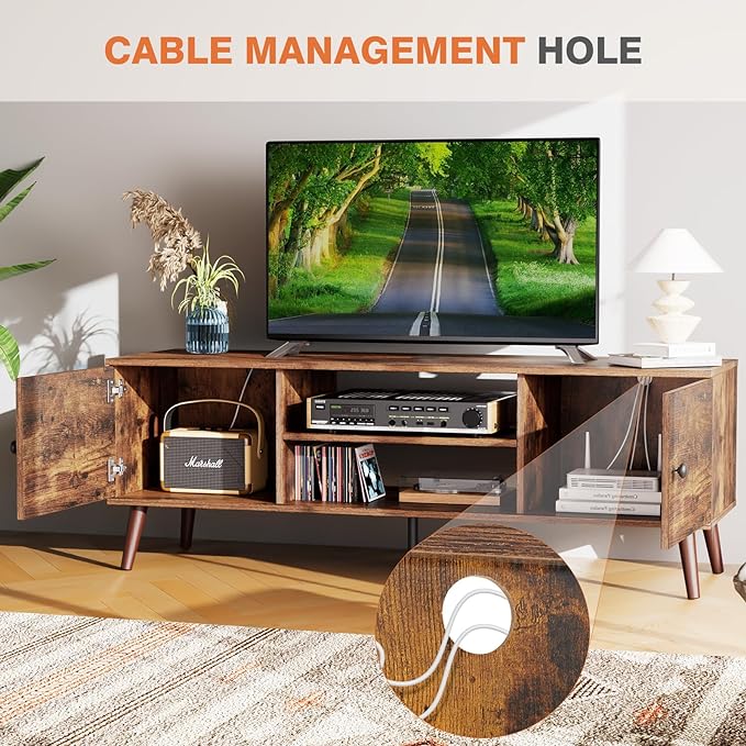 Sweetcrispy TV Stand for 55 60 inch TV, Modern Mid Century Entertainment Center with Storage, Media Console Table 2 Cabinet, Soft Hinge, Handle Door, Wooden Living Room, Office Furniture, Retro Brown - LeafyLoom