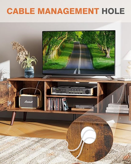 Sweetcrispy TV Stand for 55 60 inch Television, Entertainment Center with Storage, 2 Cabinet Media Console Table, Soft Hinge Door with Handle, Wood Feet, Living Room, Bedroom Furniture, Rustic Brown - LeafyLoom