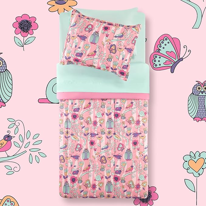 SLEEP ZONE Comforter Set Bed in A Bag, 7 Pieces Girls, Cattoon Pattern for Kids, Toddlers, Teens, Ultra Soft and Washable (Garden Secret,Full/Queen) - LeafyLoom