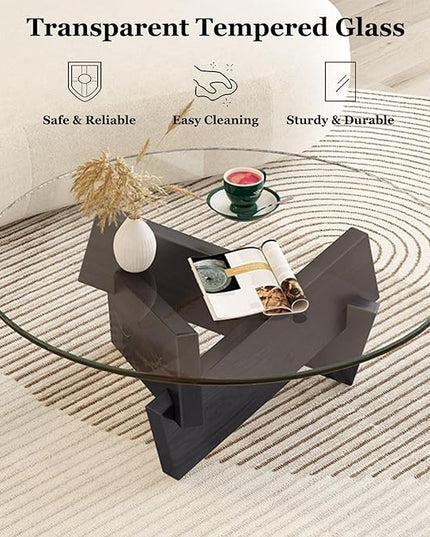 Coffee Table, Round Coffee Table for Living Room Modern Glass Coffee Table with Solid Wood Legs Farmhouse Mid Century Center Table Large Circle Cocktail Table (Black + Brown, 35.4in) - LeafyLoom