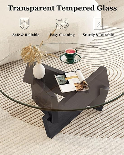 Coffee Table, Round Coffee Table for Living Room Modern Glass Coffee Table with Solid Wood Legs Farmhouse Mid Century Center Table Large Circle Cocktail Table (Black + Transparent, 35.4in) - LeafyLoom