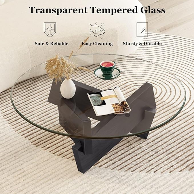 Coffee Table, Round Coffee Table for Living Room Modern Glass Coffee Table with Solid Wood Legs Farmhouse Mid Century Center Table Large Circle Cocktail Table (Black + Transparent, 35.4in) - LeafyLoom