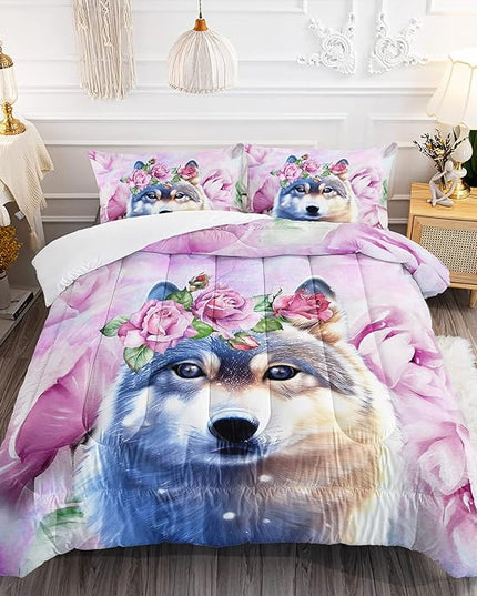 Wolf Comforter Set Tie Dye Wolf Bedding Set for Kids Teens Room Decor Romantic Pink Rose Wild Animals Comforter with 2 Pillowcases - LeafyLoom