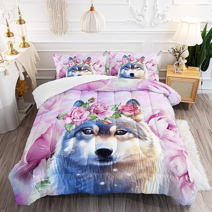Wolf Comforter Set Tie Dye Wolf Bedding Set for Kids Teens Room Decor Romantic Pink Rose Wild Animals Comforter with 2 Pillowcases - LeafyLoom