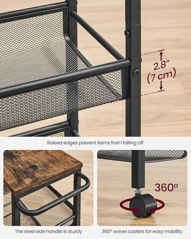 VASAGLE Slim Rolling Cart, 5-Tier Storage Cart, Narrow Cart with Handle, 8.7 Inches Deep, Metal Frame, for Kitchen, Dining Room, Living Room, Home Office, Rustic Brown and Black ULRC035B01 - LeafyLoom