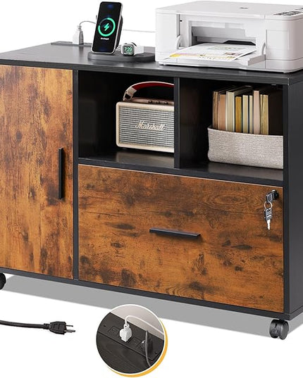 DEVAISE File Cabinet with Charging Station, 1 Drawer Rolling File Cabinet, Locking Filing Cabinet for Home Office, Wood Printer Stand with Storage, Rustic Brown - LeafyLoom