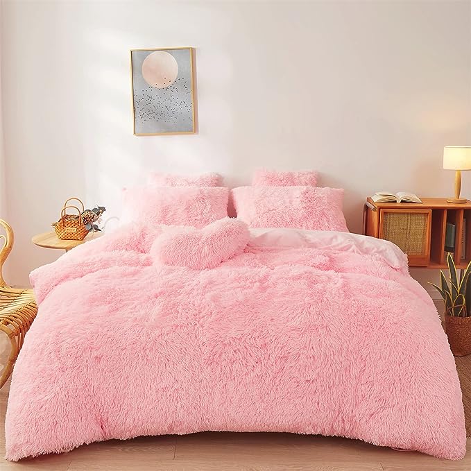 Fluffy Faux Fur Pink Comforter Cover Set Queen - Ultra Soft Plush Pink Bedding Sets 3 Pieces (1 fluffy duvet cover + 2 Faux Fur Pillow case) Cute Pink Bed Set (Light Pink, Queen) - LeafyLoom