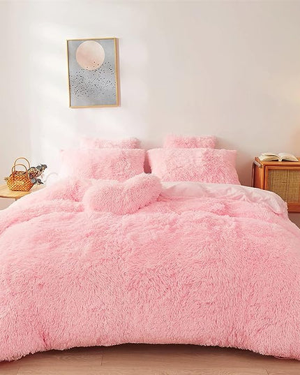 FOPPA pink fluffy Comforter Cover Set king- Ultra Soft fluffy Pink Bedding Sets 3 Pieces (1 Duvet Cover + 2 Pillow case) pink fluffy bed set (Light Pink, King) - LeafyLoom