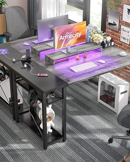 armocity Computer Desk with LED Lights, 47 Gaming Desk with Power Outlet and USB, Reversible Laptop Table with Moveable Monitor Stand for Small Spaces, Office, Room, Grey and Black - LeafyLoom