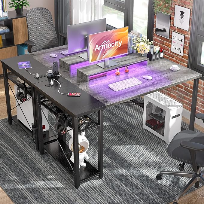 armocity Computer Desk with LED Lights, 47 Gaming Desk with Power Outlet and USB, Reversible Laptop Table with Moveable Monitor Stand for Small Spaces, Office, Room, Grey and Black - LeafyLoom