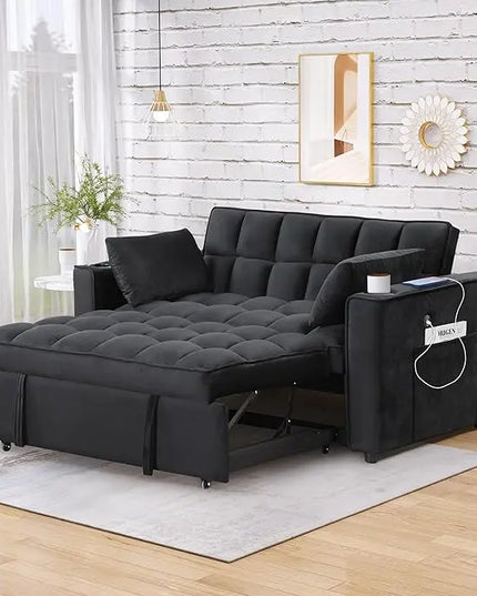 Convertible Sleeper Couch Bed, Black w/ 2 Cup Holder and USB Port - LeafyLoom