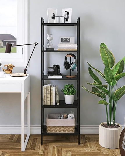 5 Tier Narrow Bookshelf, Bamboo Bookcase, Slim Tall Storage Rack Free Standing Shelving Unit with Adjustable Shelves for Living Room Bedroom Bathroom, Black - LeafyLoom