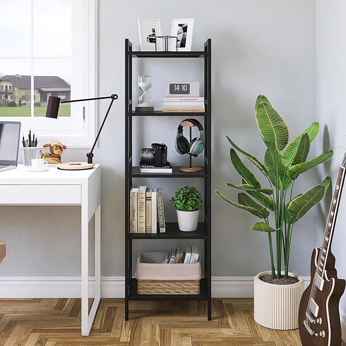 5 Tier Narrow Bookshelf, Bamboo Bookcase, Slim Tall Storage Rack Free Standing Shelving Unit with Adjustable Shelves for Living Room Bedroom Bathroom, Black - LeafyLoom