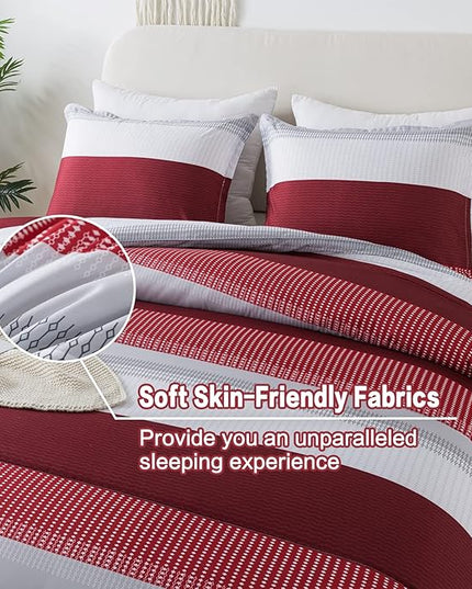 Litanika Red Comforter Set King, 3 Pieces Boy Men Women Girls Christmas Comforter Bedding Set, Burgundy White Colorblock Stripe for Winter (104x90In Comforter & 2 Pillowcases) - LeafyLoom