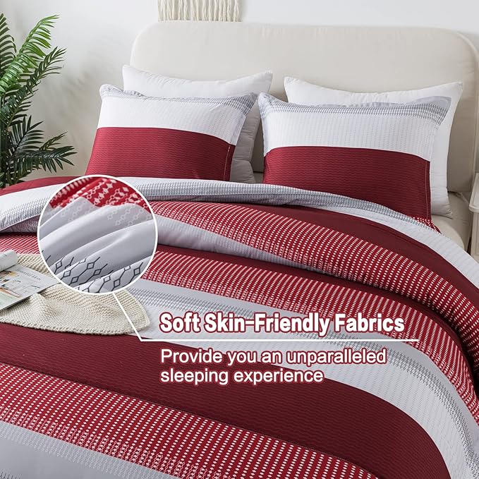 Litanika Red Comforter Set King, 3 Pieces Boy Men Women Girls Christmas Comforter Bedding Set, Burgundy White Colorblock Stripe for Winter (104x90In Comforter & 2 Pillowcases) - LeafyLoom
