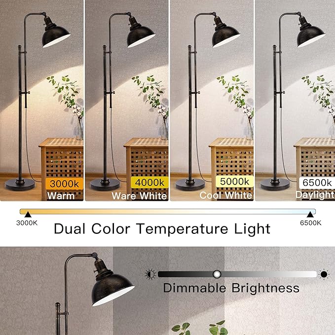 PARTPHONER Industrial Floor Lamp Adjustable, Rustic Farmhouse Reading Lamp in Aged Black Finish, Modern Standing Lamp with Remote Control Metal Shade for Living Room Bedroom Study Room Office Hotel - LeafyLoom