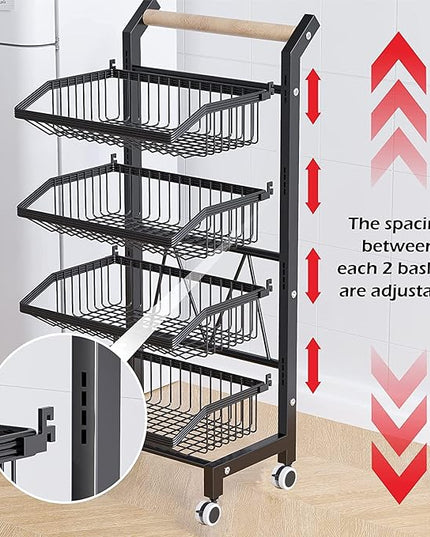 COVAODQ Snack Cart with Wheels 4-Tier Adjustable Fruit Rack Fruit Vegetable Basket Cart Metal Wire Storage Cart Rolling Pantry Utility Kitchen Cart - LeafyLoom