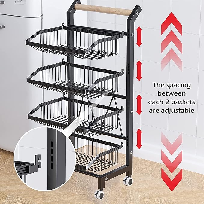 COVAODQ Snack Cart with Wheels 4-Tier Adjustable Fruit Rack Fruit Vegetable Basket Cart Metal Wire Storage Cart Rolling Pantry Utility Kitchen Cart - LeafyLoom