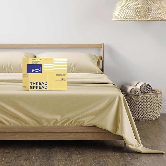 THREAD SPREAD 100% Egyptian Cotton Sheets Full Size - 600 Thread Count Sheets 4 PC 16" Deep Pocket Full Size Sheets Set, High Thread Count Soft Cooling Sateen Weave Hotel Luxury Sheets Set - Sand - LeafyLoom