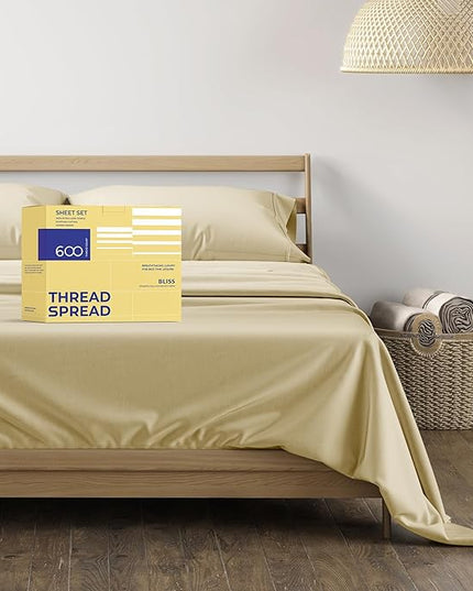 THREAD SPREAD Luxury Egyptian Cotton Sheets King Size - 600 Thread Count Sheets King 4 PC Luxury Sheets King Size, 16" Deep Pocket, Soft, Cooling Sateen Weave Hotel Luxury Bed Sheets Set - Sand - LeafyLoom