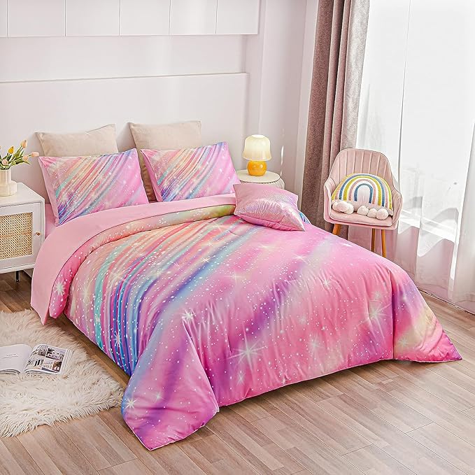 Btargot Super Soft 6 Pieces Gradient Star Ring Comforter Set, Colorful Glitter Rainbow Star Pattern Bedding Set for Boys Girls Teens, Full Pink - LeafyLoom