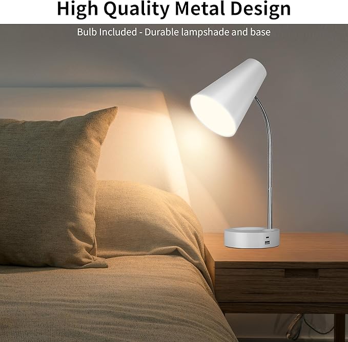 RUNTOP Desk Lamp, Desk Lamps for Home Office with 5 Color Modes 5 Brightness Dimmer Reading Light & USB Port, Type C port, 7W LED Table Lamp, 360° Flexible Gooseneck Lamp Light for Bed Bedside, White - LeafyLoom