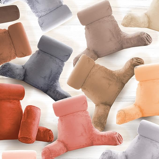 Clara Clark Reading Pillow, Large Back Pillow for Sitting Up in Bed, Memory Foam Back Support Pillow, Reading Pillows for Sitting in Bed Adult, Misty Rose Sit Up Pillow for Bed with Arms and Pockets - LeafyLoom