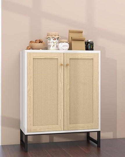 Panana Rattan Decorated 2 Doors Storage Cabinet Accent Cabinet Living Room Cupboard Kitchen Sideboard Buffet Table (White) - LeafyLoom