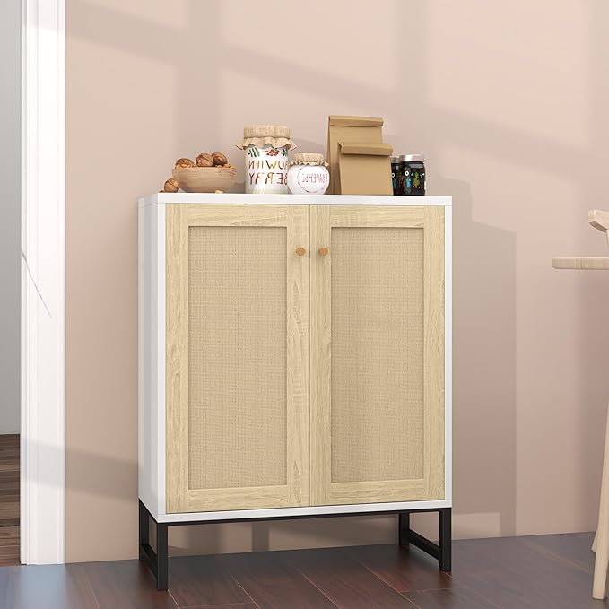 Panana Rattan Decorated 2 Doors Storage Cabinet Accent Cabinet Living Room Cupboard Kitchen Sideboard Buffet Table (White) - LeafyLoom