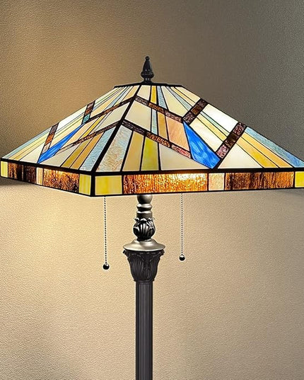 Capulina Tiffany Style Floor Lamp 2-Light 16x16x63 Inch Cream Amber Antique Mission Style Stained Glass Standing Light for Living Room Bedroom Home Office - LeafyLoom