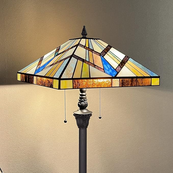 Capulina Tiffany Style Floor Lamp 2-Light 16x16x63 Inch Cream Amber Antique Mission Style Stained Glass Standing Light for Living Room Bedroom Home Office - LeafyLoom