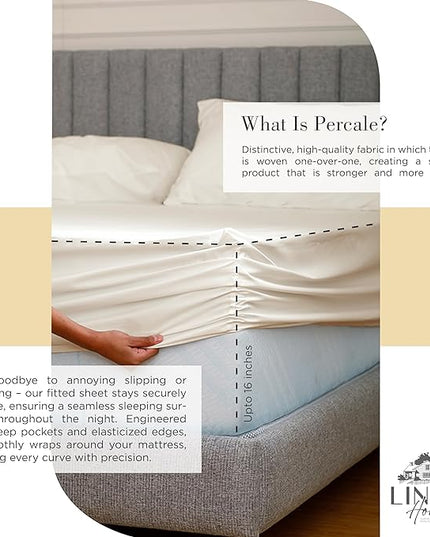 100% Cotton Percale Sheets Twin XL Size, Ivory, Deep Pocket, 4 Pieces Sheet Set - 1 Flat, 1 Deep Pocket Fitted Sheet and 2 Pillowcases, Crisp Cool and Strong Bed Linen - LeafyLoom