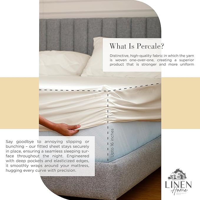 100% Cotton Percale Sheets Twin XL Size, Ivory, Deep Pocket, 4 Pieces Sheet Set - 1 Flat, 1 Deep Pocket Fitted Sheet and 2 Pillowcases, Crisp Cool and Strong Bed Linen - LeafyLoom
