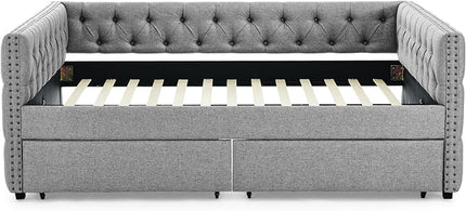 Full Size Upholstered Daybed, Pull Out with Two Storage Drawers, Solid Wood Frame Bed, Tufted Buttons and Copper Nails On Square Arms, for Bedrooms,Apartments - LeafyLoom