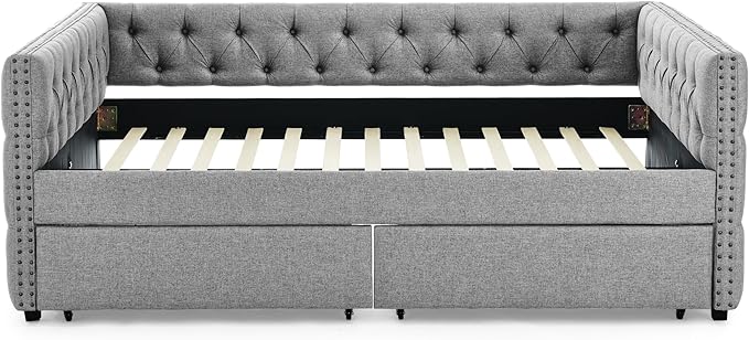 Full Size Upholstered Daybed, Pull Out with Two Storage Drawers, Solid Wood Frame Bed, Tufted Buttons and Copper Nails On Square Arms, for Bedrooms,Apartments - LeafyLoom