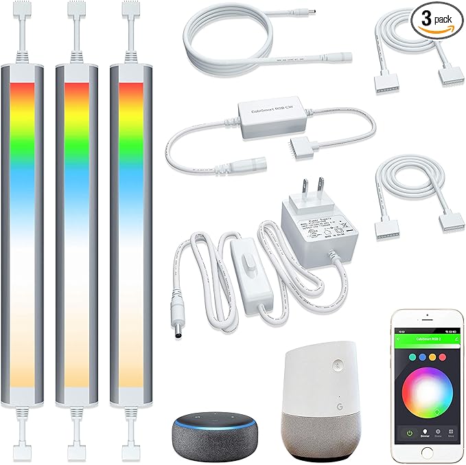 Smart Under Cabinet Lighting Strip Lights White and Multi Color Work With Amazon Alexa Google Home Dimmable for Show Case, TV Back Lights, Kitchen Counter, Book Case, Under Bed (3 Lights Bar kit) LAMPAOUS