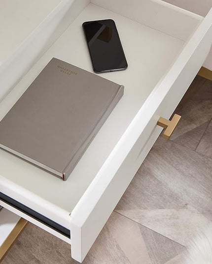 Leick Home 9069-WT Claudette Nightstand Side Table One Drawer Contemporary Fast Station A/C USB Charging Port Integrated Durable Solid Wood Metal Living Room Bedroom Office White/Gold, 24" x 18" x 30" - LeafyLoom