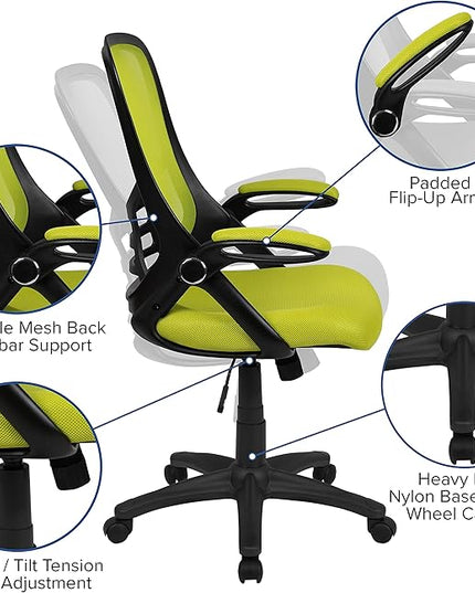 Flash Furniture Porter Mesh High Back Ergonomic Swivel Office Chair with Lumbar Support, Flip-Up Arms, Tilt Lock/Tilt Tension, Height Adjustable, Black/Green Frame - LeafyLoom