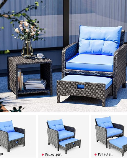 Pamapic 5 Pieces Wicker Patio Furniture Set Outdoor Patio Chairs with Ottomans Conversation Furniture with coffetable for Poorside Garden Balcony(Blue Cushion + Black Rattan)… - LeafyLoom
