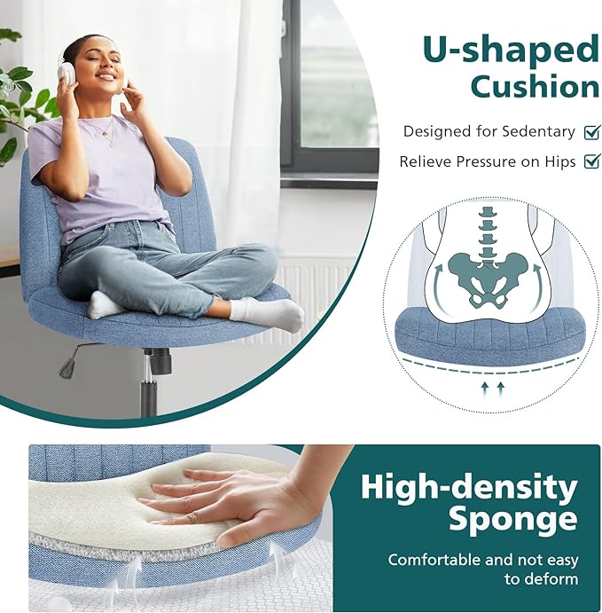 OLIXIS Cross Legged Armless Wide Adjustable Swivel Padded Home Office Desk Chair, Blue - LeafyLoom