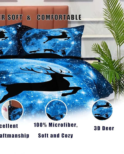 NINENINE Galaxy Deer Comforter Queen Size for Boys Girls Kids,Blue Moonlight Bedding Sets,Outer Space Bedding Set with 1 Comforter 2 Pillowcases - LeafyLoom