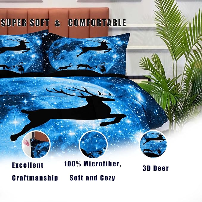 NINENINE Galaxy Deer Comforter Queen Size for Boys Girls Kids,Blue Moonlight Bedding Sets,Outer Space Bedding Set with 1 Comforter 2 Pillowcases - LeafyLoom