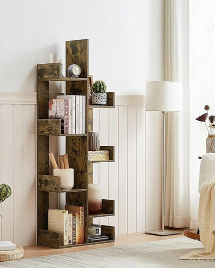 VECELO Tree Bookshelf, Geometric 8 Shelf Tree Bookcase Wood Bookshelves Display,Tree-Shaped Shelf Racks Organizer for Books,Magazines,CDs and Decors for LivingRoom Bedroom Studyroom Home Office,Brown - LeafyLoom