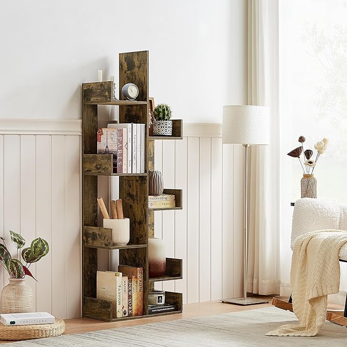 VECELO Tree Bookshelf, Geometric 8 Shelf Tree Bookcase Wood Bookshelves Display,Tree-Shaped Shelf Racks Organizer for Books,Magazines,CDs and Decors for LivingRoom Bedroom Studyroom Home Office,Brown - LeafyLoom